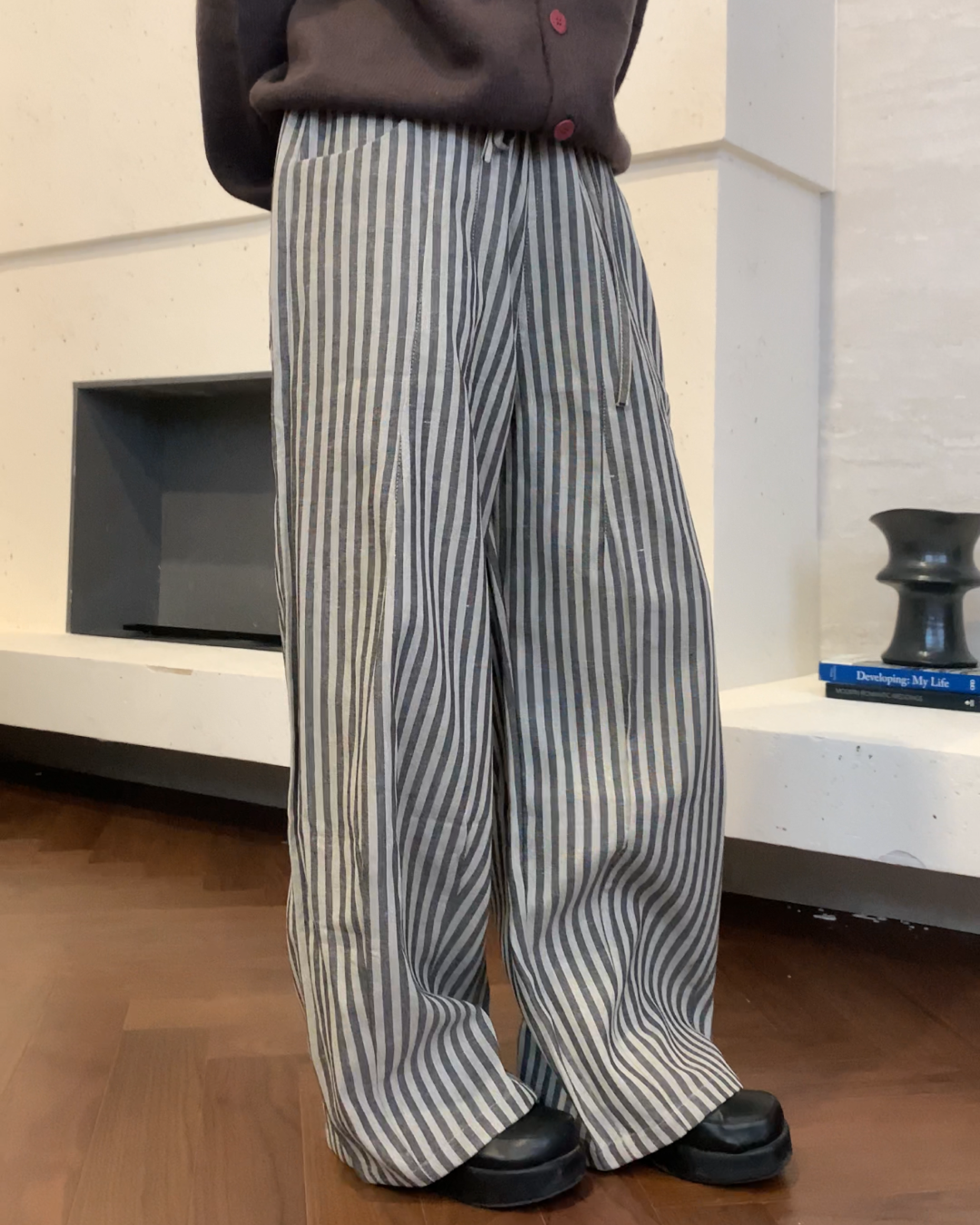 ストライプワイドコットンパンツ B0100