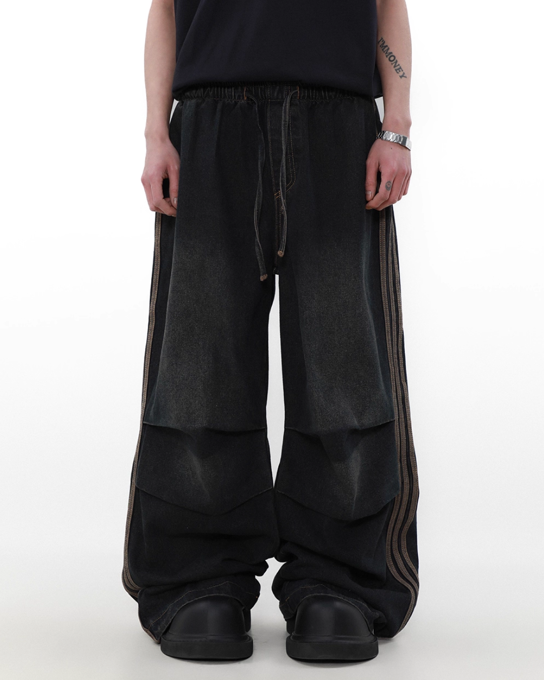 Drawcord side line denim pants B0077