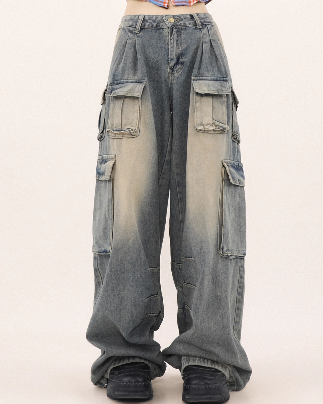 Drawcord multi-pocket wide denim pants B0078