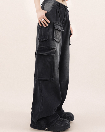 Drawcord multi-pocket wide denim pants B0078