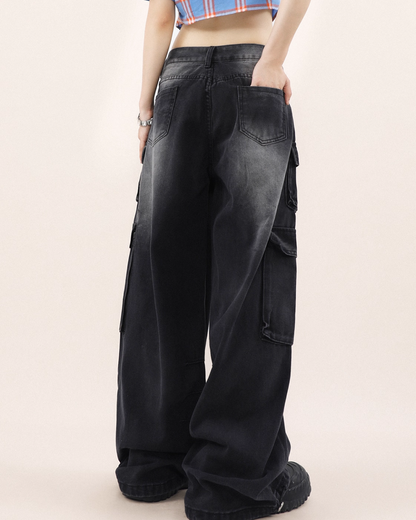 Drawcord multi-pocket wide denim pants B0078