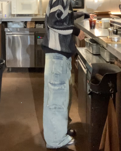 Drawcord multi-pocket wide denim pants B0078