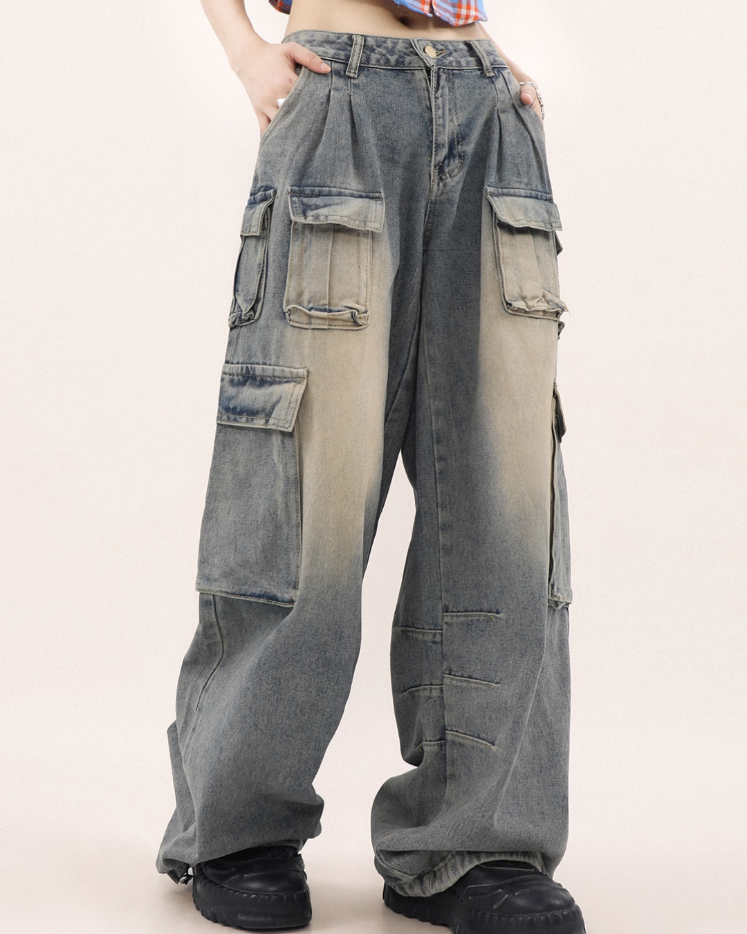 Drawcord multi-pocket wide denim pants B0078