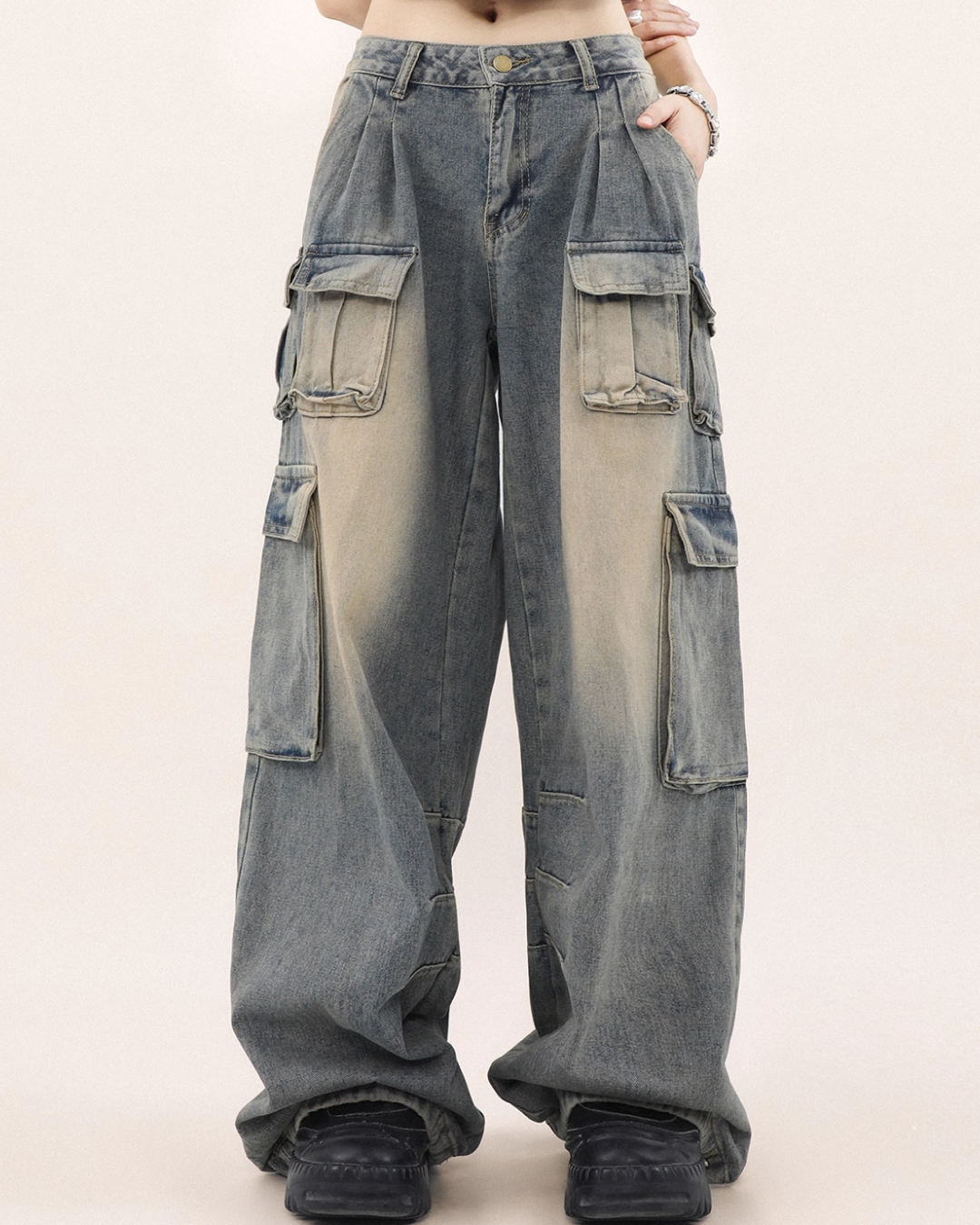 Drawcord multi-pocket wide denim pants B0078