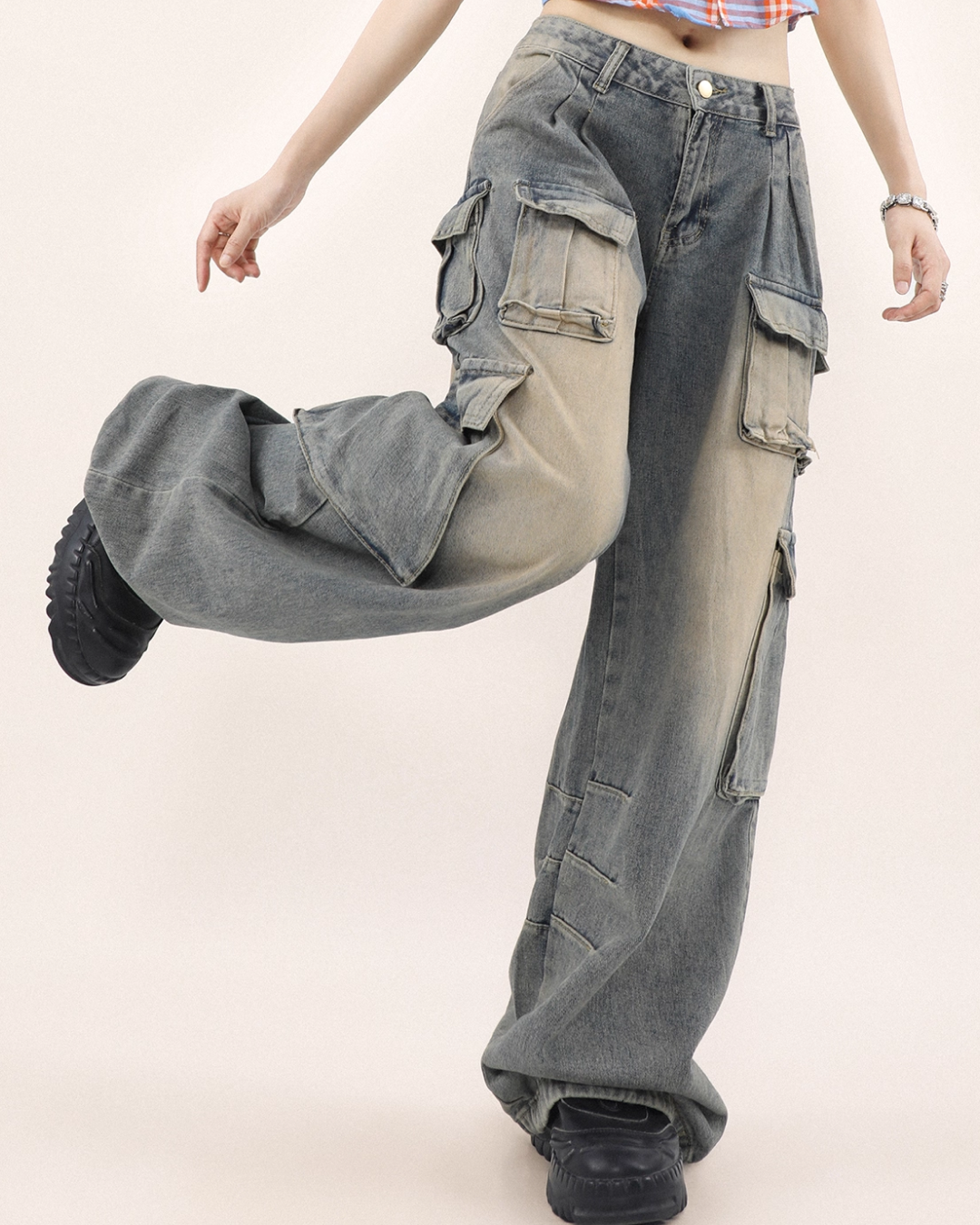 Drawcord multi-pocket wide denim pants B0078