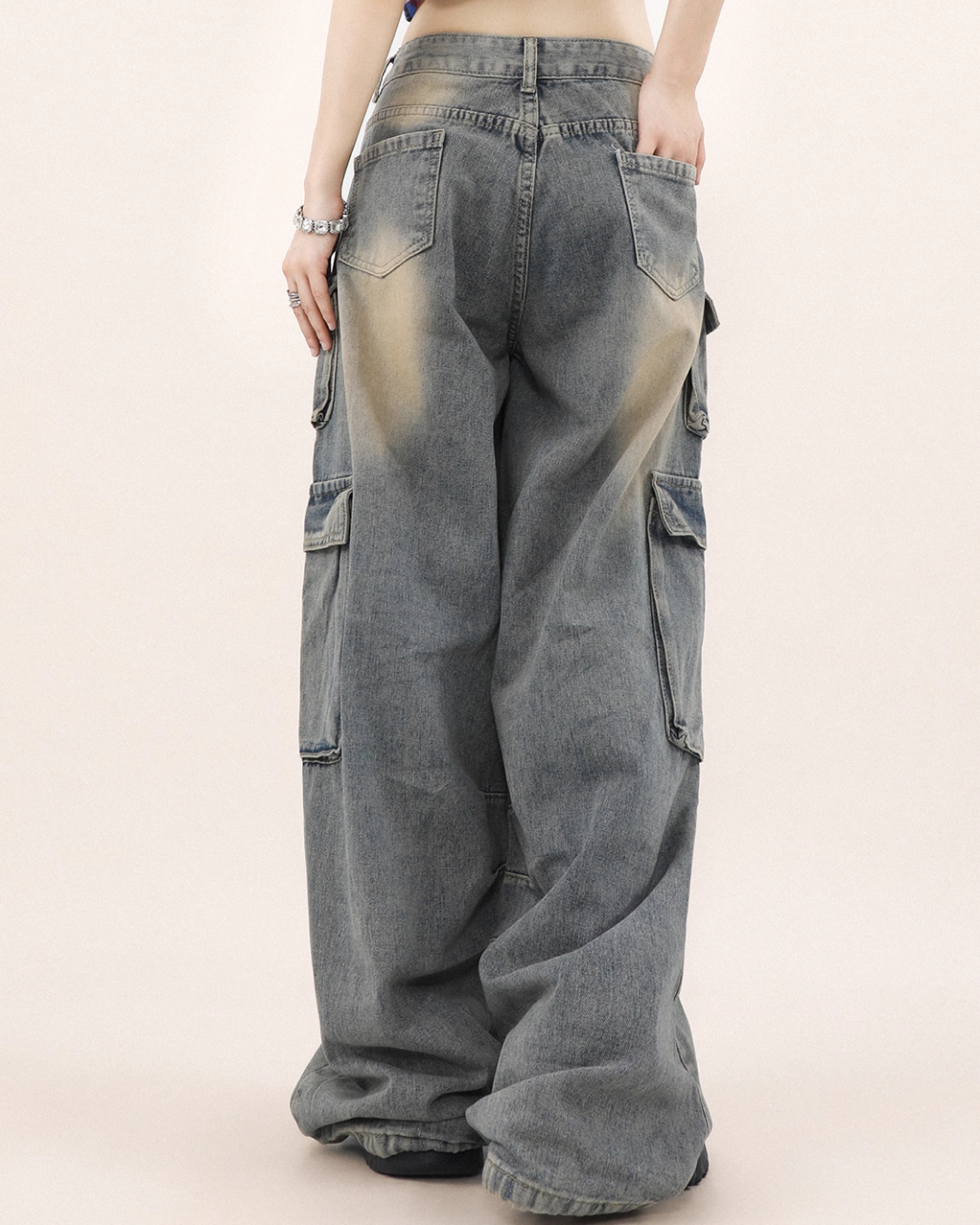 Drawcord multi-pocket wide denim pants B0078