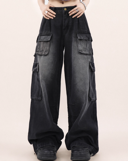 Drawcord multi-pocket wide denim pants B0078