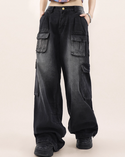 Drawcord multi-pocket wide denim pants B0078